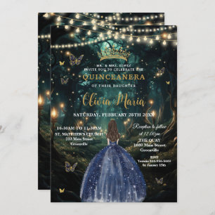 Enchanted Forest Navy Blue Dress Quinceañera 16 Invitation