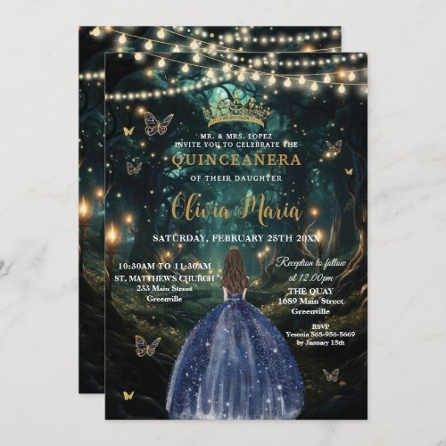 Enchanted Forest Navy Blue Dress Quinceaera 16 Invitation