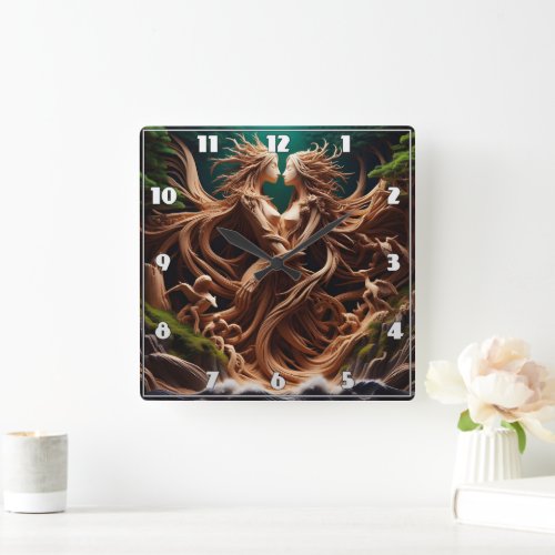 Enchanted Forest Nymphs Embracing by Waterfall Square Wall Clock