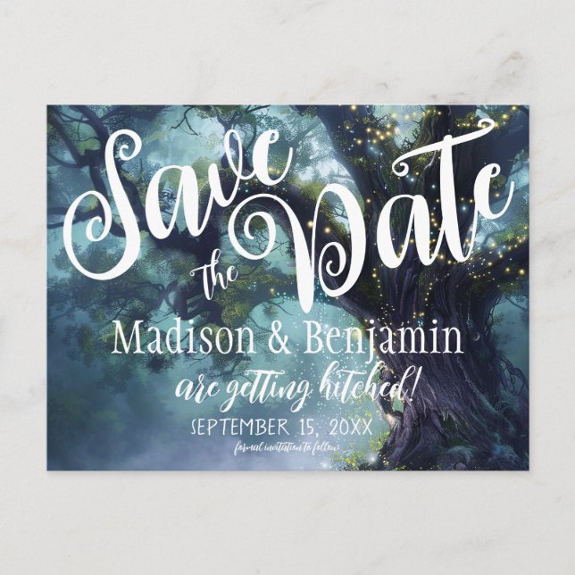 Enchanted Forest Oak Tree Fairy Lights Save Date Postcard (Front)