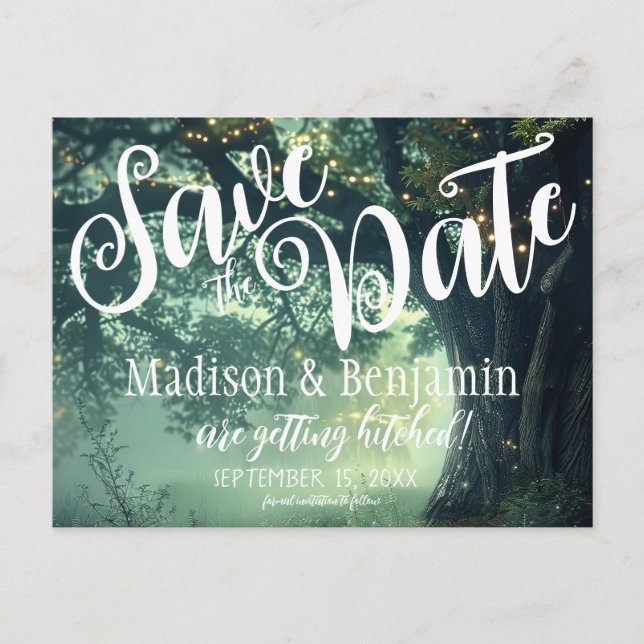 Enchanted Forest Oak Tree Fairy Lights Save Date Postcard (Front)
