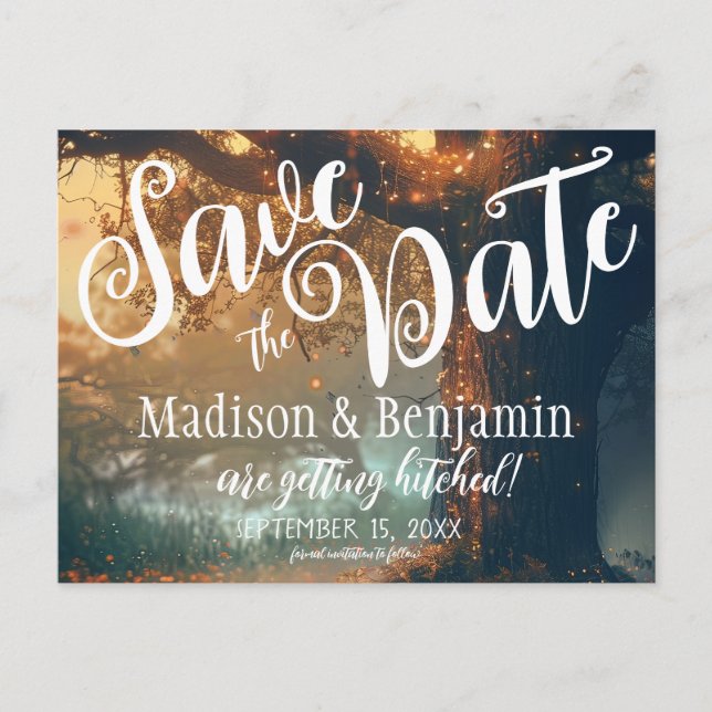 Enchanted Forest Oak Tree Fairy Lights Save Date Postcard (Front)