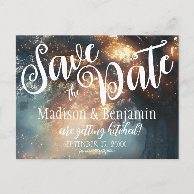 Enchanted Forest Oak Tree Fairy Lights Save Date Postcard (Front)