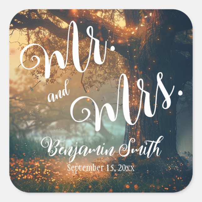 Enchanted Forest Oak Tree Fairy Lights Wedding Square Sticker (Front)