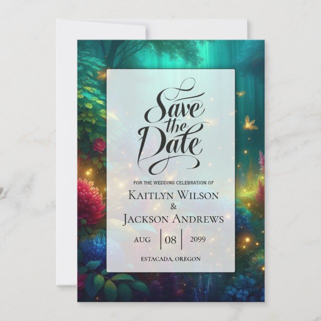 Enchanted Forest of Radiant Jewels Wedding Save The Date (Front)