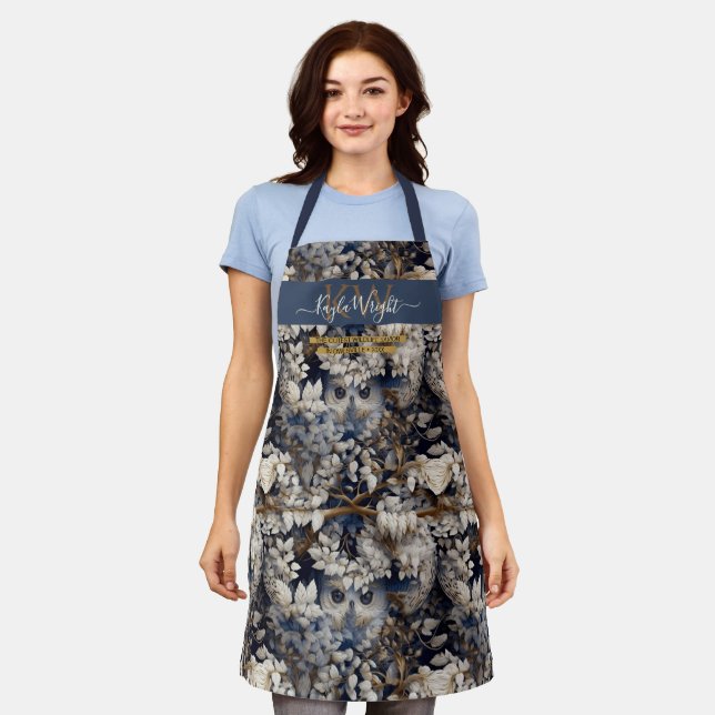 Enchanted forest owl white gray custom Monogram Apron (Worn)