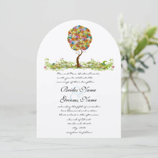 Enchanted Forest Patchwork Floral Fairy Tale Tree Invitation (Standing Front)