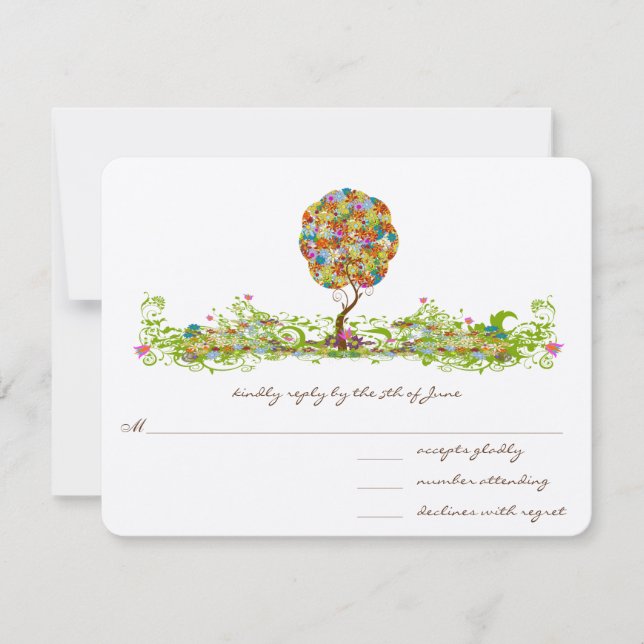 Enchanted Forest Patchwork Floral Fairy Tale Tree RSVP Card (Front)