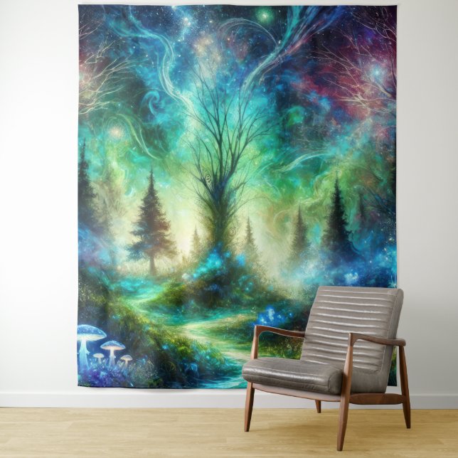 Enchanted Forest Path Glowing Mushrooms Cosmic Sky Tapestry (In Situ)