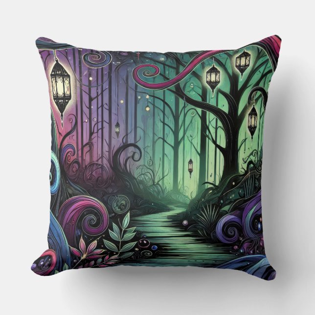 Enchanted Forest Path with Glowing Lanterns Throw Pillow (Front)