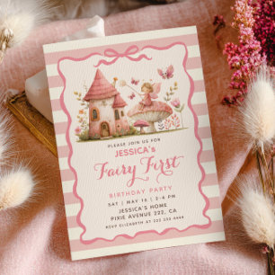 Enchanted Forest Pink Fairy First Birthday Party Invitation