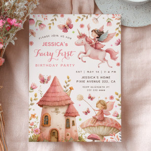 Enchanted Forest Pink Fairy First Birthday Party Invitation