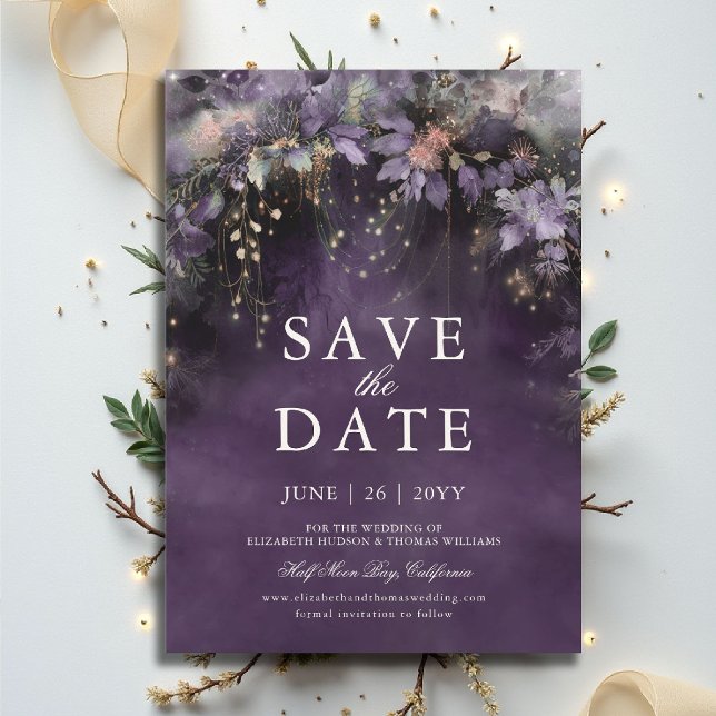 Enchanted Forest Plum Green Wedding Save the Date Invitation (enchanted forest save the date wedding purple plum green gold fairytale fairy garden woodland magic)