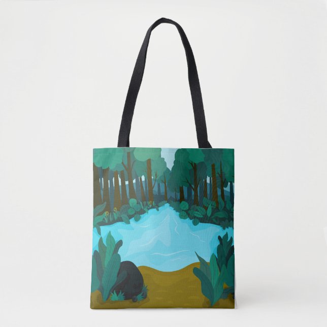 'Enchanted Forest Pond' Artistic Landscape Tote Bag (Front)