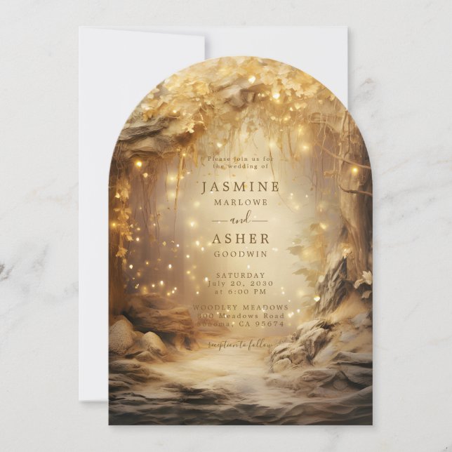 Enchanted Forest Portal Ethereal Gold Wedding Invitation (Front)