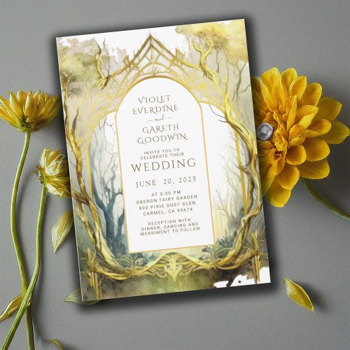 Enchanted Forest Portal Gold Frame Trees Wedding  Invitation