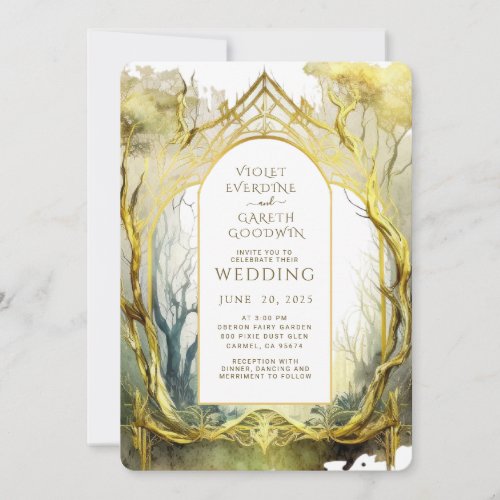 Enchanted Forest Portal Gold Frame Wedding  Invitation