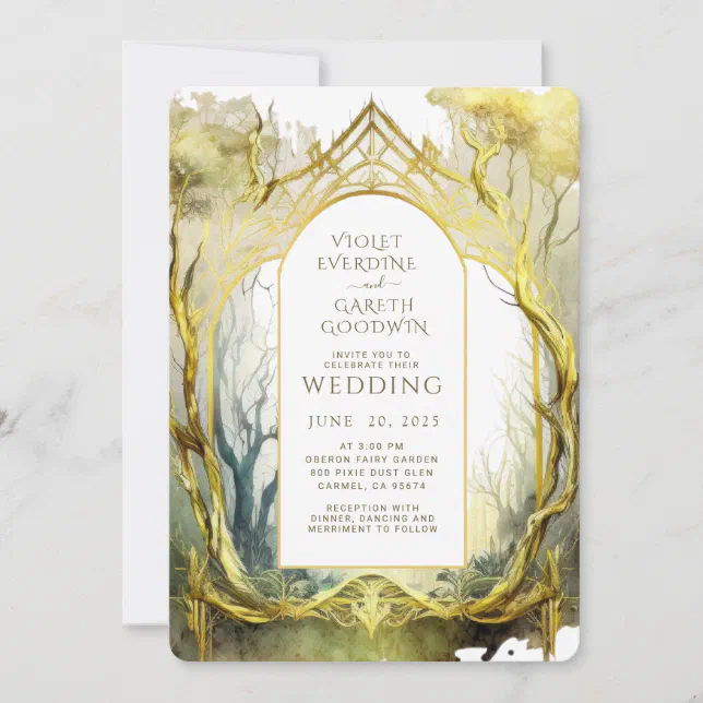 Enchanted Forest Portal Gold Frame Wedding Invitation | Zazzle