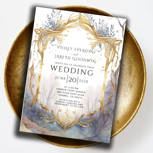 Enchanted Forest Portal Gold Violet Wedding  Invitation