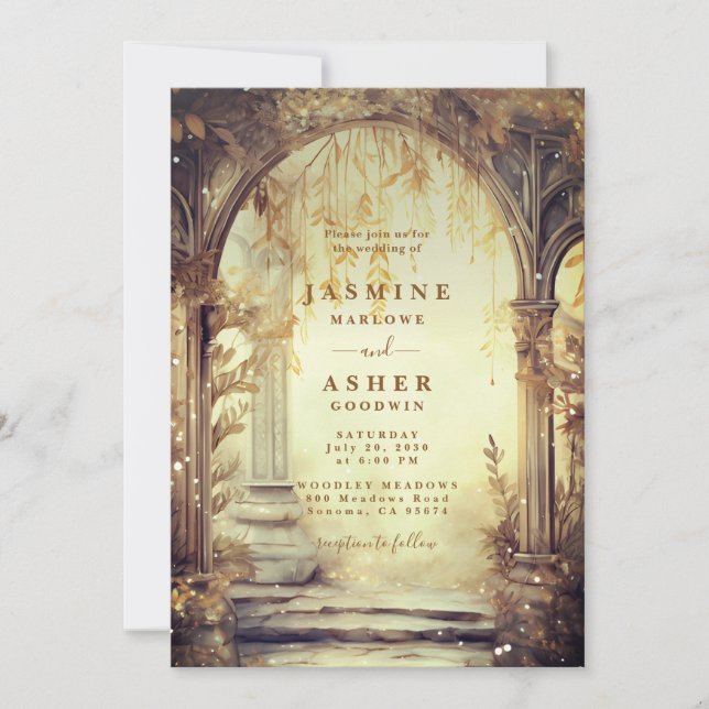 Enchanted Forest Portal Gold Wedding Invitation (Front)