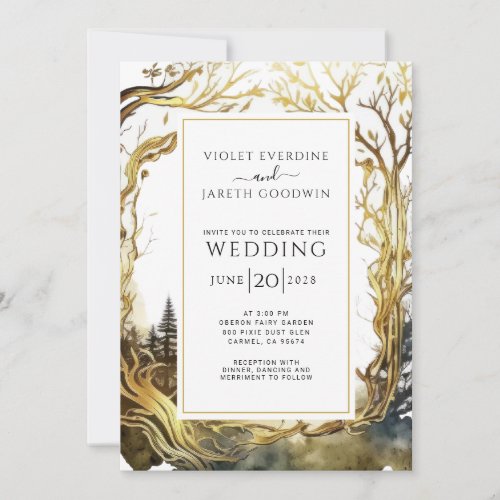 Enchanted Forest Portal Wedding Gold Trees Wedding Invitation