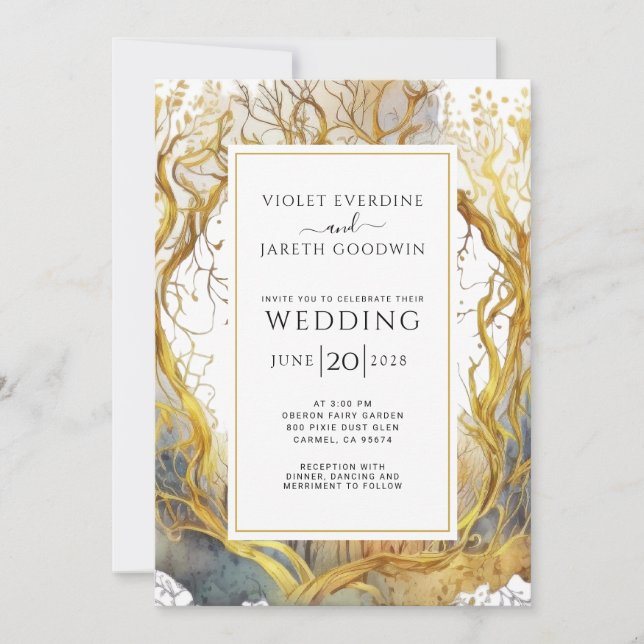 Enchanted Forest Portal Wedding Invitation Gold (Front)