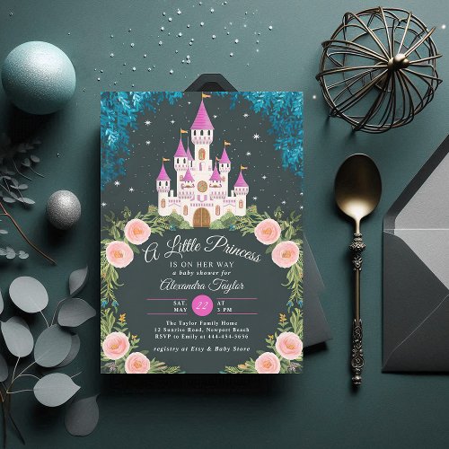 Enchanted Forest Princess Castle Baby Girl Shower Invitation