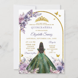 Enchanted Forest Purple Hunter Green Quinceañera Invitation