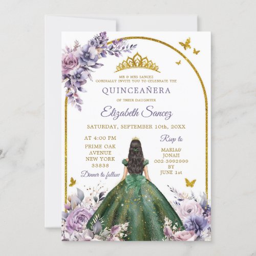 Enchanted Forest Purple Hunter Green Quinceaera Invitation