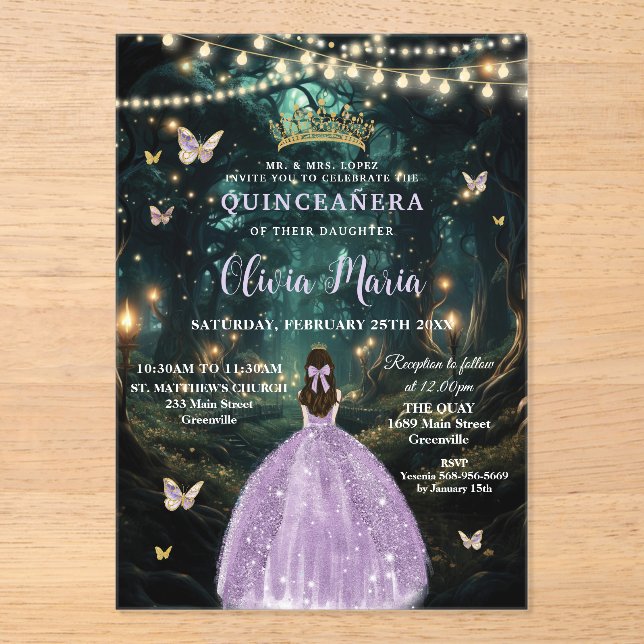 Enchanted Forest Purple Lilac Dress Quinceañera Acrylic Invitations (Front)