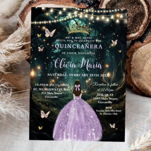 Enchanted Forest Purple Lilac Dress Quinceaera Invitation