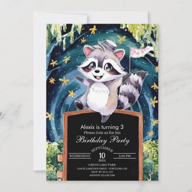 Enchanted Forest Raccoon Birthday Invitation (Front)