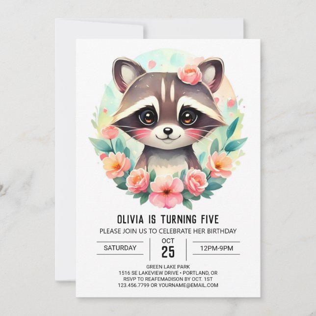  Enchanted Forest Raccoon Girl Birthday Invitation (Front)