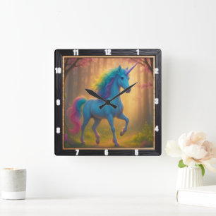 Enchanted Forest Rainbow Unicorn Square Wall Clock