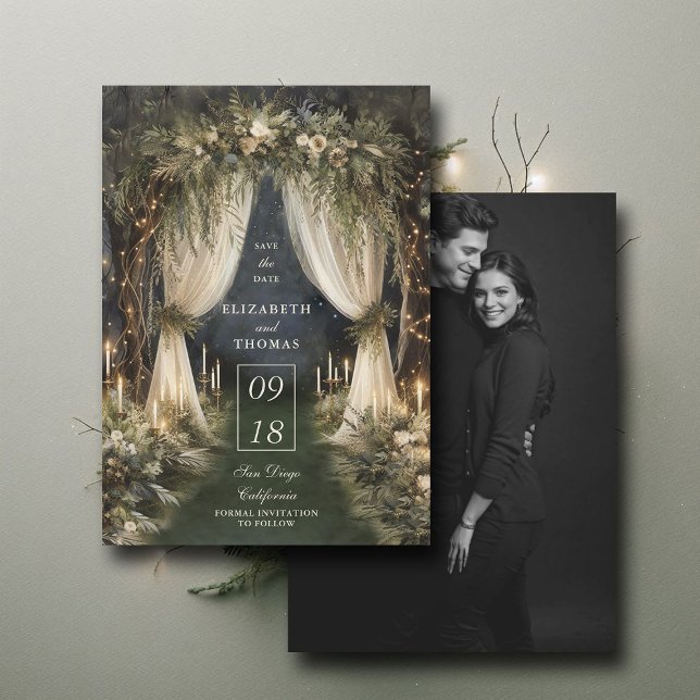 Enchanted Forest Romantic Canopy Photo Wedding Save The Date (enchanted forest woodland wedding save the date romantic canopy fairy tale magic bespoke)