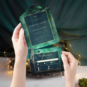 Enchanted Forest Romantic Woods Green Gold Wedding All In One Invitation