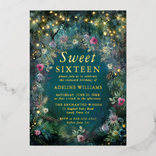 Enchanted Forest Rose Fairy Woodland Sweet 16 Foil Invitation