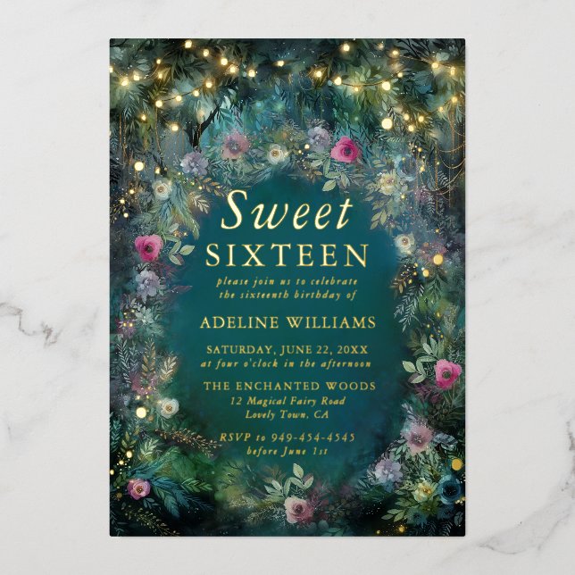 Enchanted Forest Rose Fairy Woodland Sweet 16 Foil Invitation (Front)