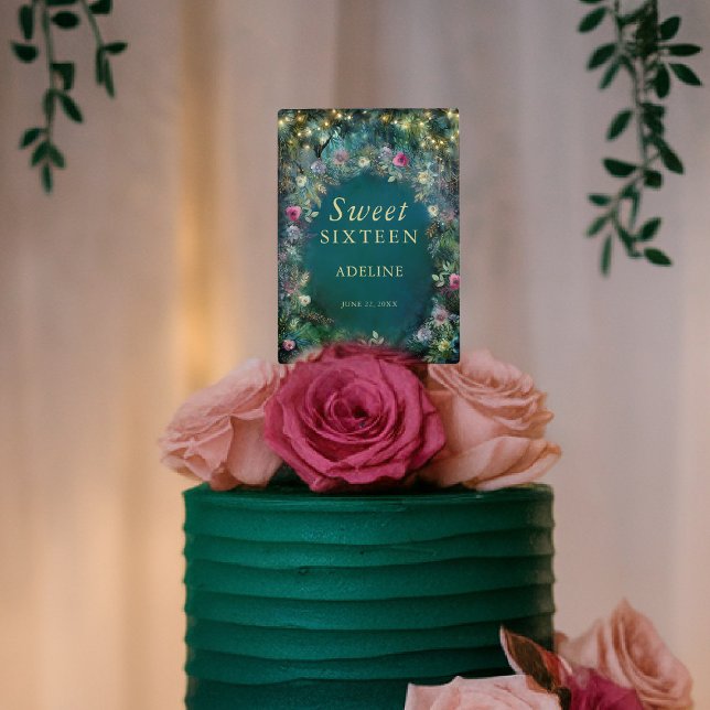 Enchanted Forest Rose Greenery Fairy Woodland Cake Topper (enchanted forest sweet 16 cake pick personalized name woodland wild roses pink fuchsia emerald green)