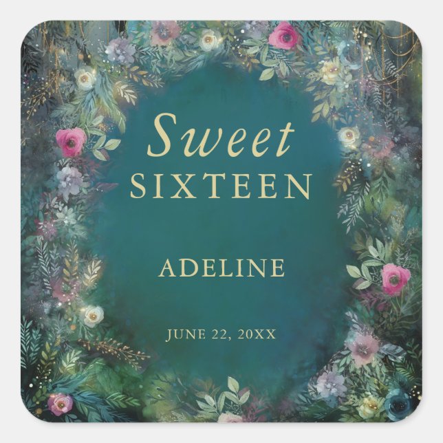 Enchanted Forest Rose Greenery Fairy Woodland Name Square Sticker (Front)