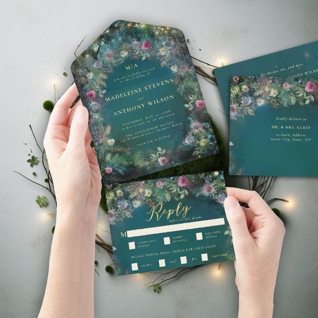 Enchanted Forest Roses Arch Fairytale Wedding All In One Invitation (enchanted forest all in one wedding invitation magical fairy tale woodland roses gold emerald green)