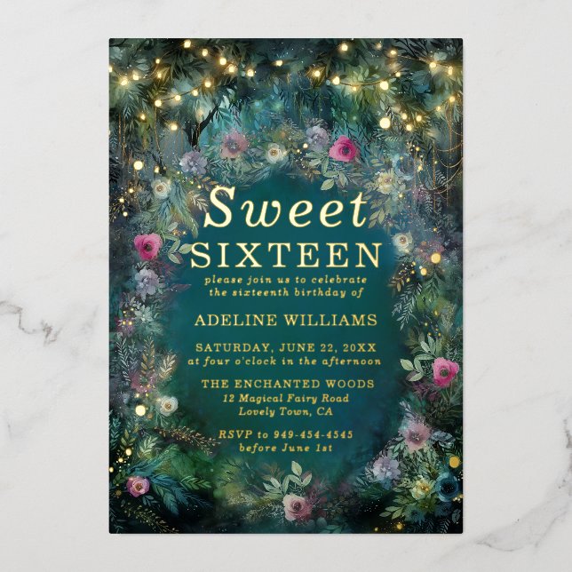 Enchanted Forest Roses Arch Gold Magical Sweet 16 Foil Invitation (Front)