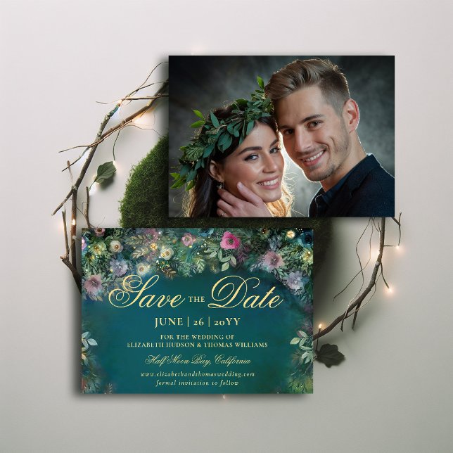 Enchanted Forest Roses Arch Wedding Save the Date Invitation (enchanted forest photo wedding save the date magic fairy tale woodland roses gold emerald green )