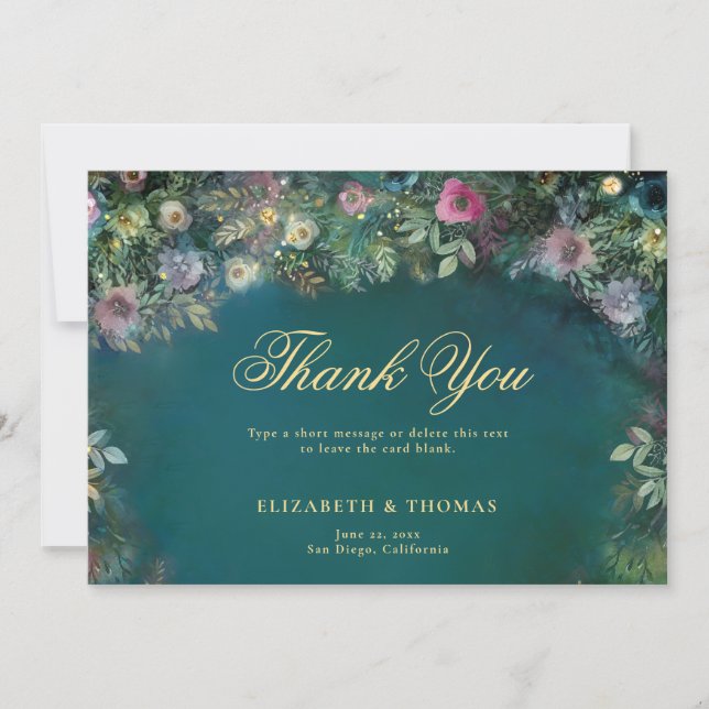 Enchanted Forest Roses Fairy Woodland Gold Wedding Thank You Card (Front)