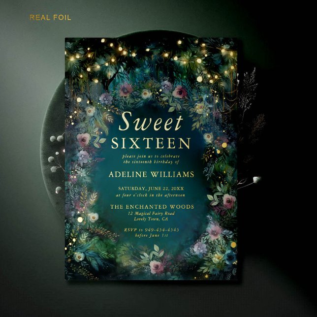 Enchanted Forest Roses Gold Light Magical Sweet 16 Foil Invitation (enchanted forest sweet sixteen invitation magical woodland garden roses emerald green gold FOIL)