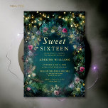 Enchanted Forest Roses Gold Twinkle Light Sweet 16 Foil Invitation<br><div class="desc">A whimsical watercolor illustration of lush foliage in emerald green and mauve and purple, sparkling bright with fairy lights and magic dust, decorates this spring summer fall Sweet 16 invitation with an enchanted forest theme that also features a frame of delicate roses in pink, fuchsia, purple and mauve. The text,...</div>