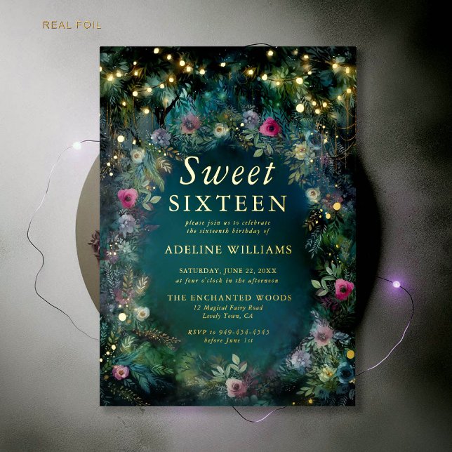 Enchanted Forest Roses Gold Twinkle Light Sweet 16 Foil Invitation (enchanted forest sweet sixteen invitation magical woodland garden roses emerald green fuchsia gold)