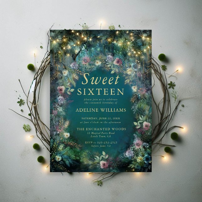 Enchanted Forest Roses Greenery Magical Sweet 16 Invitation (enchanted forest sweet sixteen invitation magical woodland garden roses emerald green gold pink)