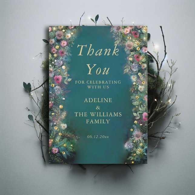 Enchanted Forest Roses Greenery Magical Sweet 16 Thank You Card (enchanted forest sweet 16 wild roses thank you card emerald green gold elegant modern typography)