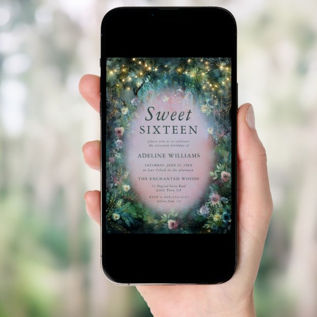 Enchanted Forest Roses Misty Pink Green Sweet 16 Invitation (Front Digital)